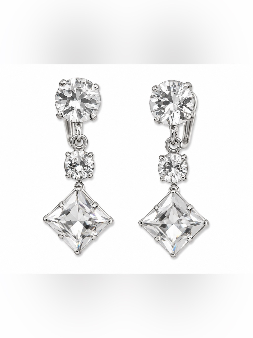 Rhinestone Dangle Screw Back Earrings 3-Stone Silvertone Princess Brilliant Vtg
